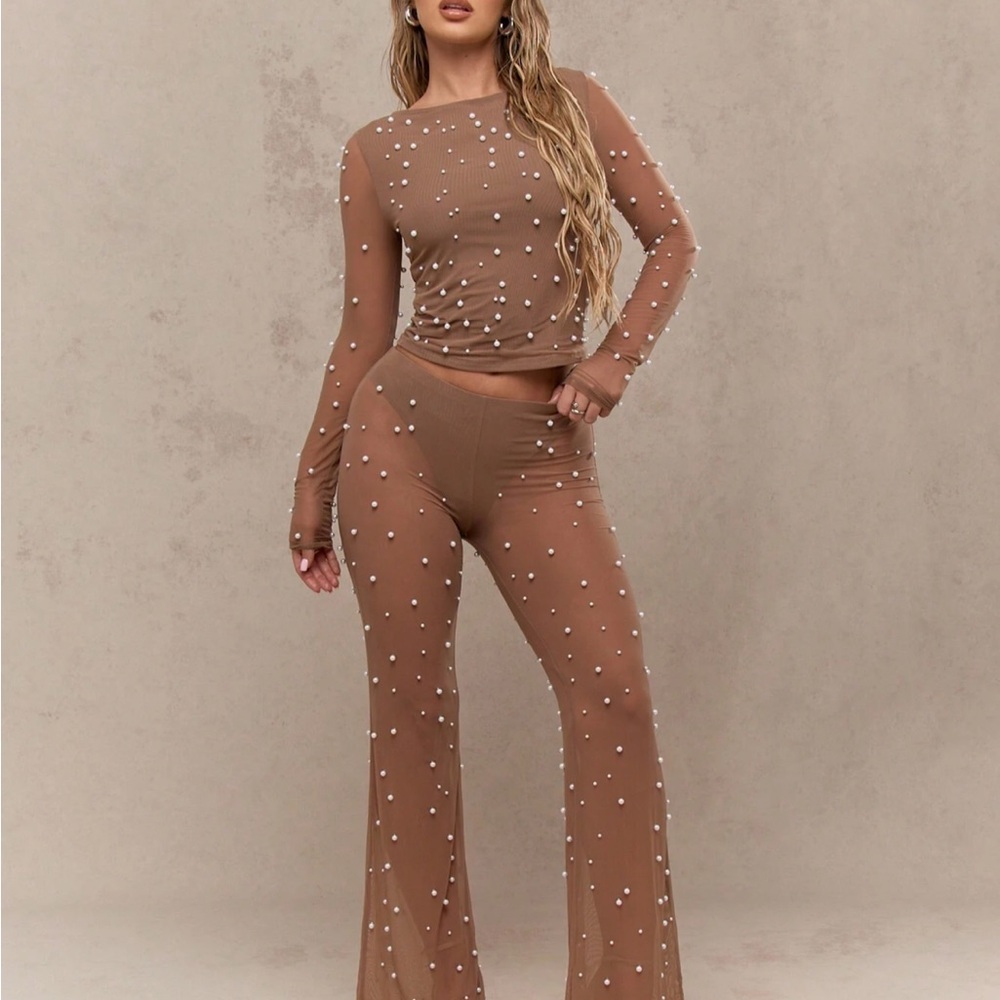 Elegant Sheer Brown Jumpsuit with Pearl Accents miss guided